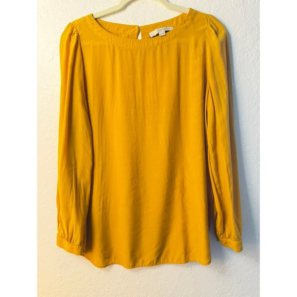 LOFT Mustard Yellow Long Sleeve Blouse Puff Shoulder Keyhole Back Size M